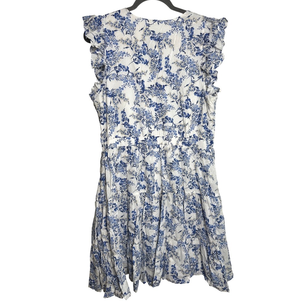 Blue White‎ Floral Cotton Tiered Dress Ruffle Sleeve Pockets XL - Picture 3 of 7